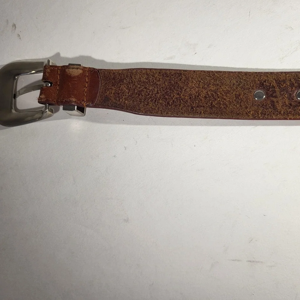 Brown Leather Belt 46 Silver‑Tone Buckle Medallions Western Unisex